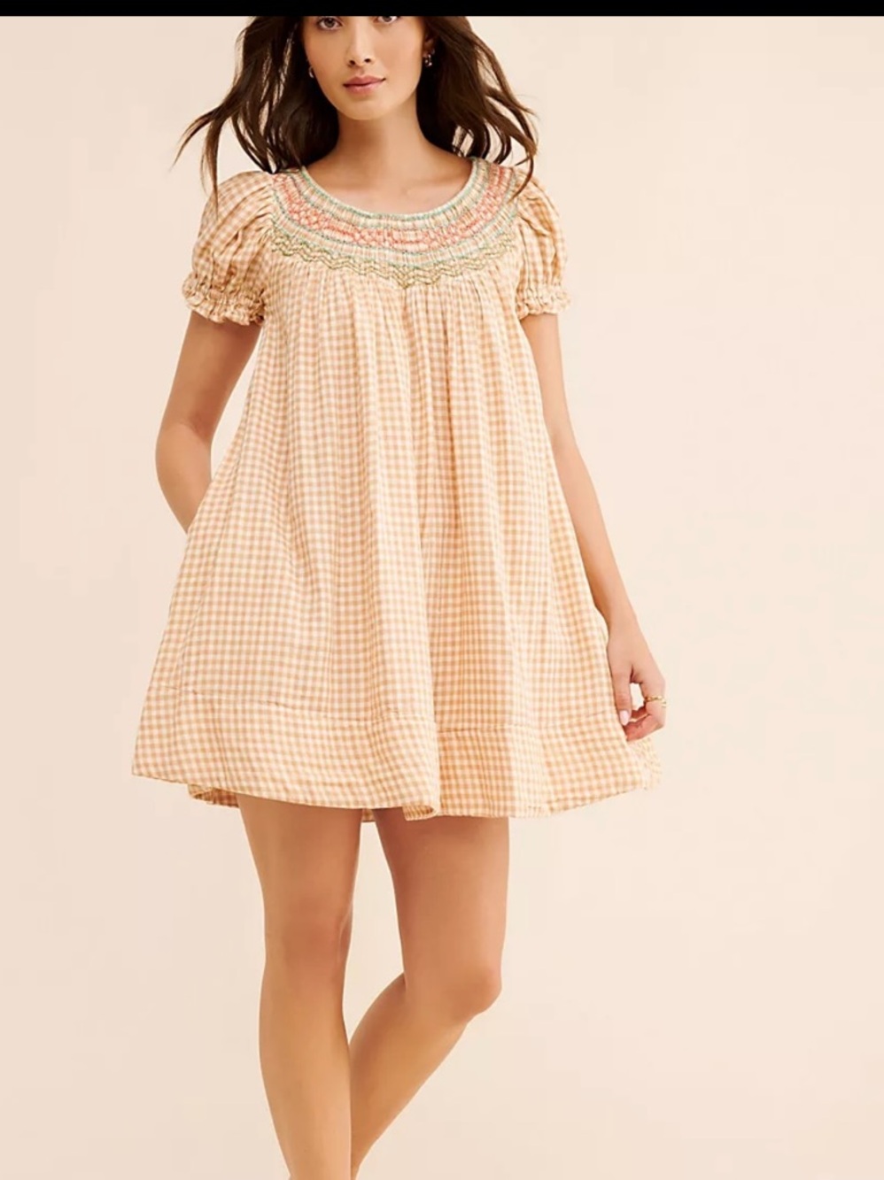 Free People Peach Gingham Smocked Mini Dress - Picture 4 of 5